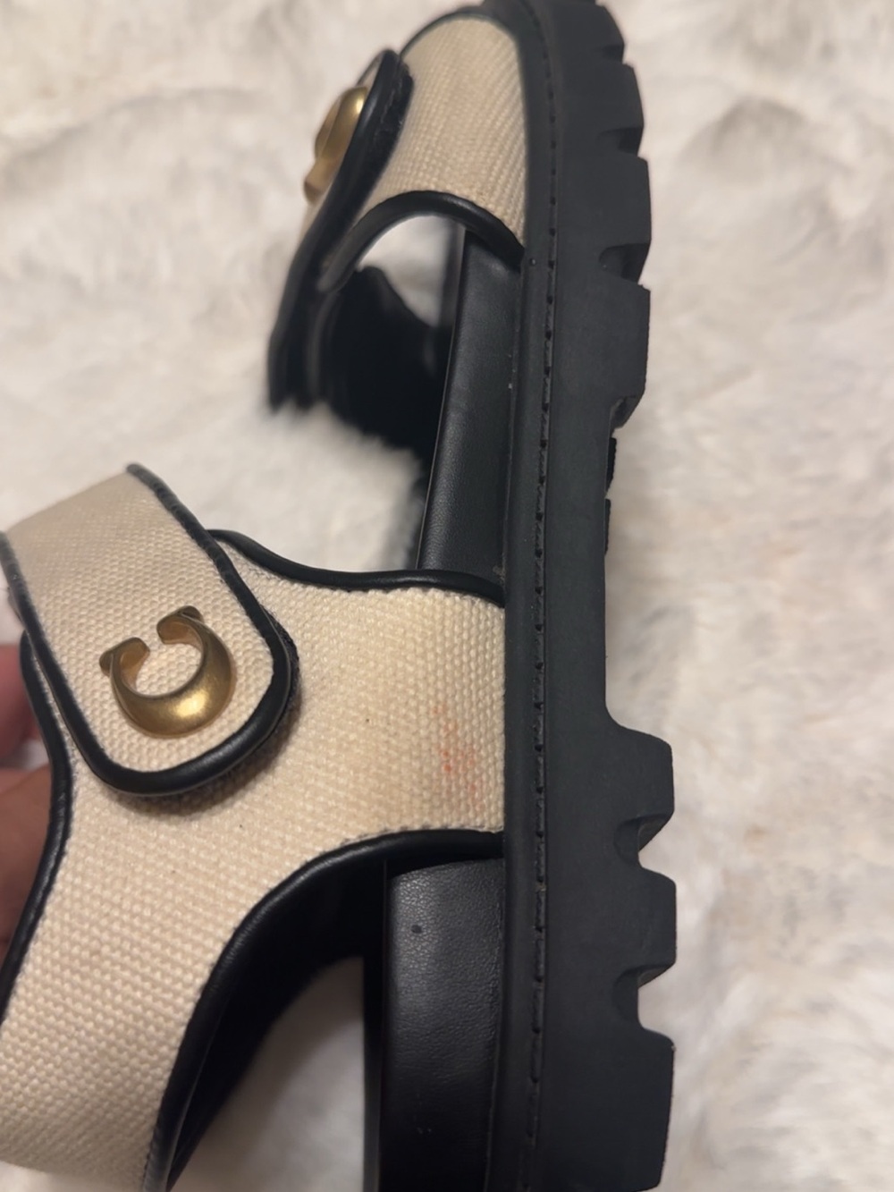 Coach Beige Canvas and Black Leather Strap Sandals with Gold Hardware - Picture 7 of 10